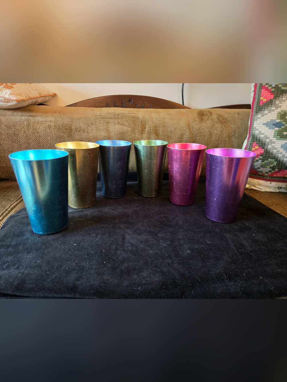 Set of Aluminum Metal Tumblers in Gold, Blue, Green, Pink, Purple
